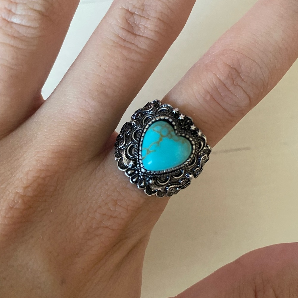 NWOT Madewell Turquoise stone bohemian heart ring silver tone size 8